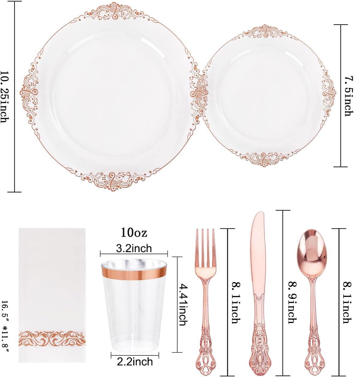 YOUBET 700PCS Rose Gold Plastic Plates - Clear Rose Gold Plastic Dinnerware Set Include 200 Disposable Plate, 300 Heavy Duty Silverware, 100 Cups, 100 Napkins for Wedding & Party & Baby Shower - Image 2