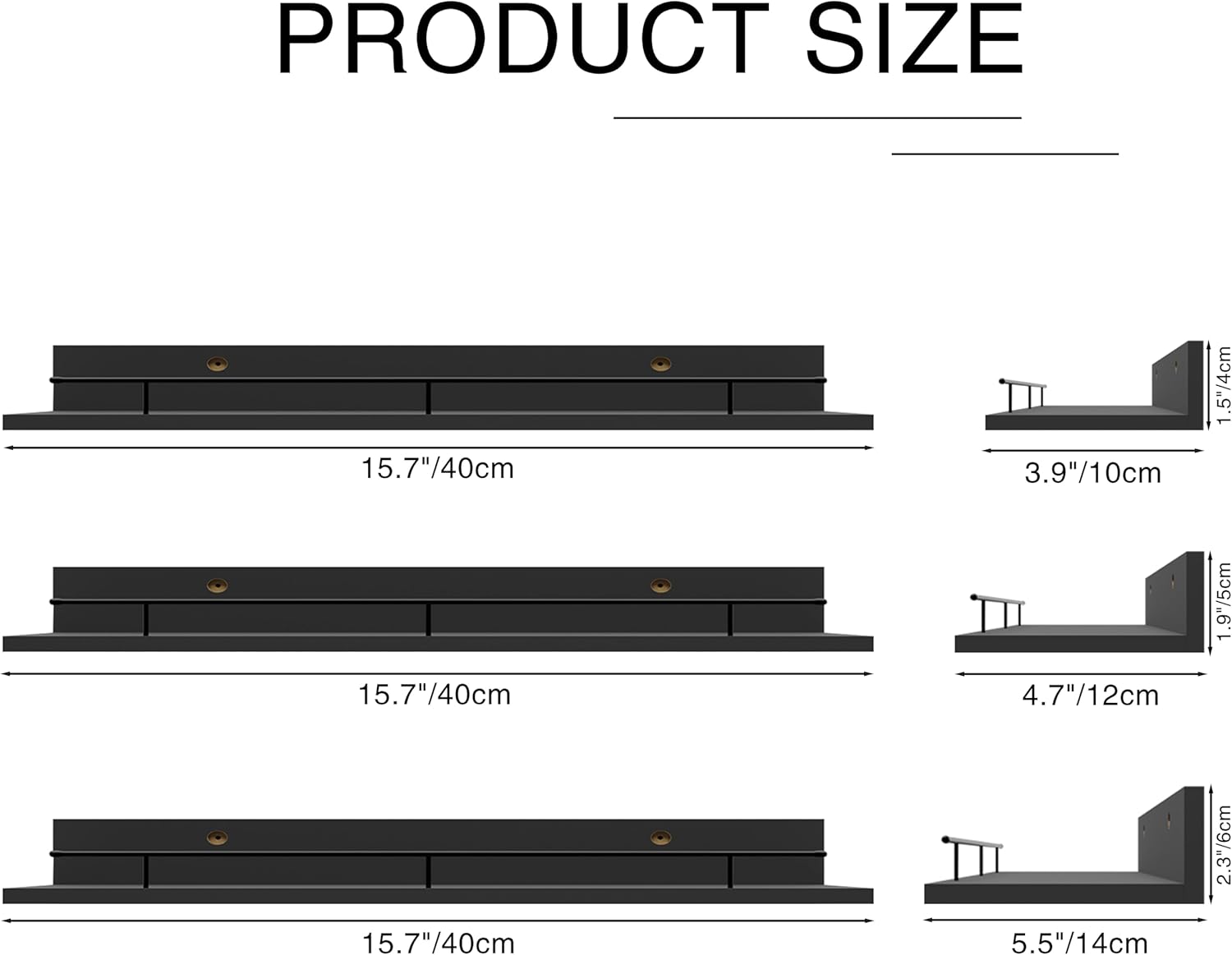 Giftgarden 16 Inch Black Floating Shelves with Black Metal Guardrail, Wood Shelves for Wall Storage Set of 3, Wall Shelf for Bathroom Bedroom Living Room Kitchen Nursery