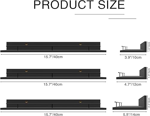 Miniatura 3 de Giftgarden Estantes flotantes negros de 16 pulgadas con barandilla de metal negro, estantes de madera para almacenamiento de pared, juego de 3,