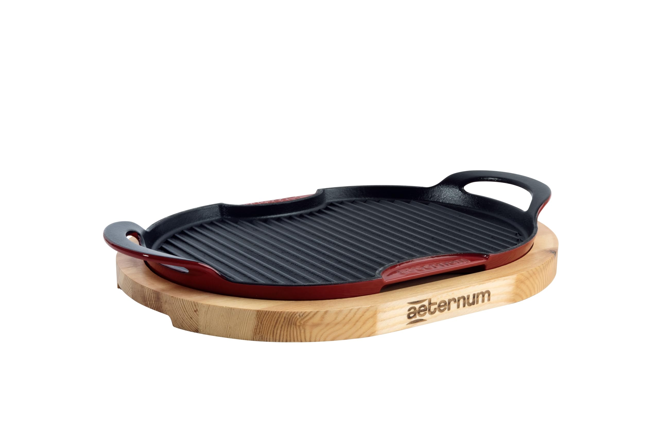 Aeternum, Ghisa Viva, Grill in Ghisa Ovale con Base in Legno, Diametro 36x26 cm, Adatto all'Induzione, Adatto al forno, Nero/Rosso, Antiaderente