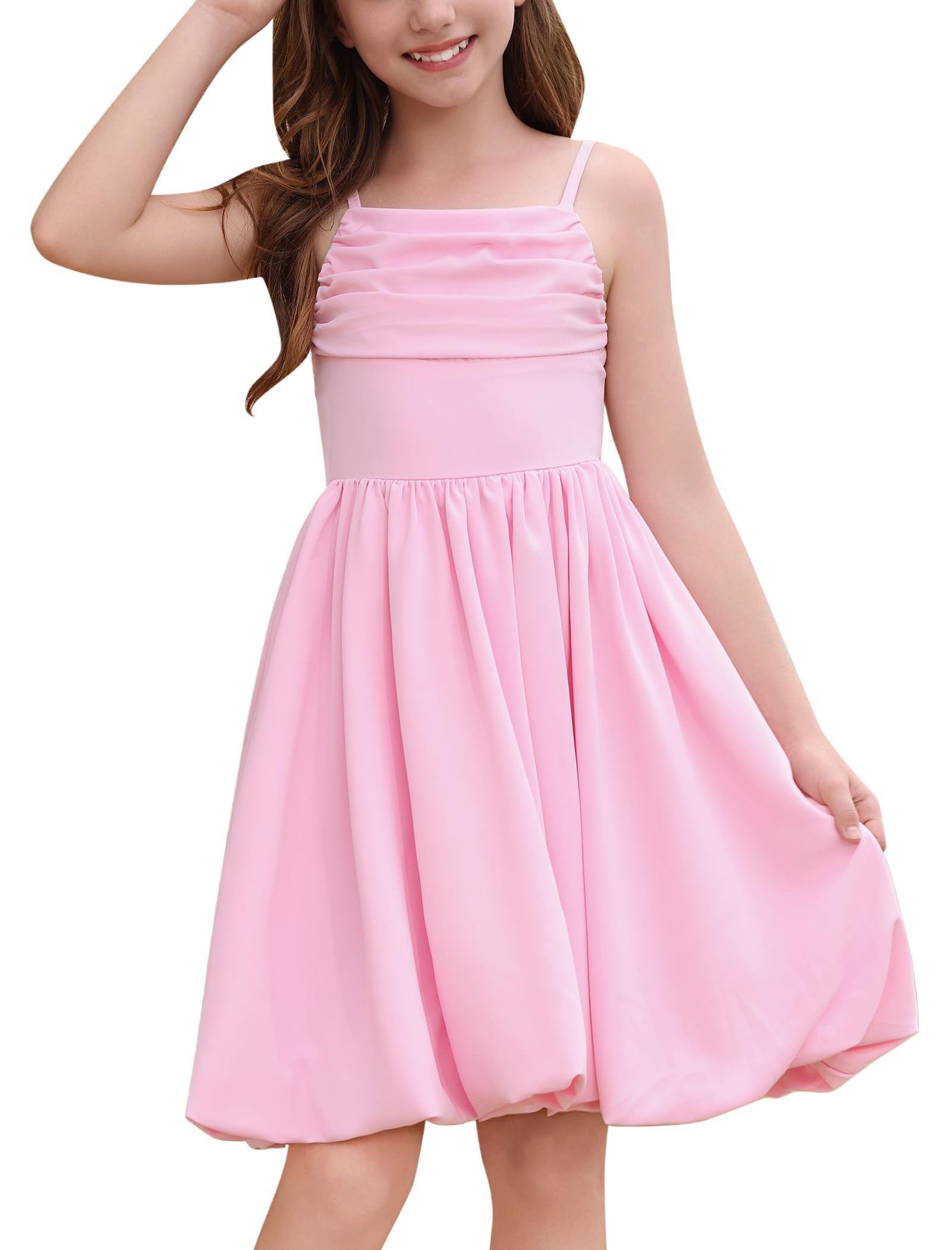 Girls Spaghetti Strap Formal Dress Flowy Ruffled Hem Ruched Summer Teen Homecoming Dance Dresses