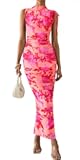 Women's Summer Maxi Floral Dresses Ruched Bodycon Sleeveless Mesh Formal Wedding Guest Cocktail Split Long Dress