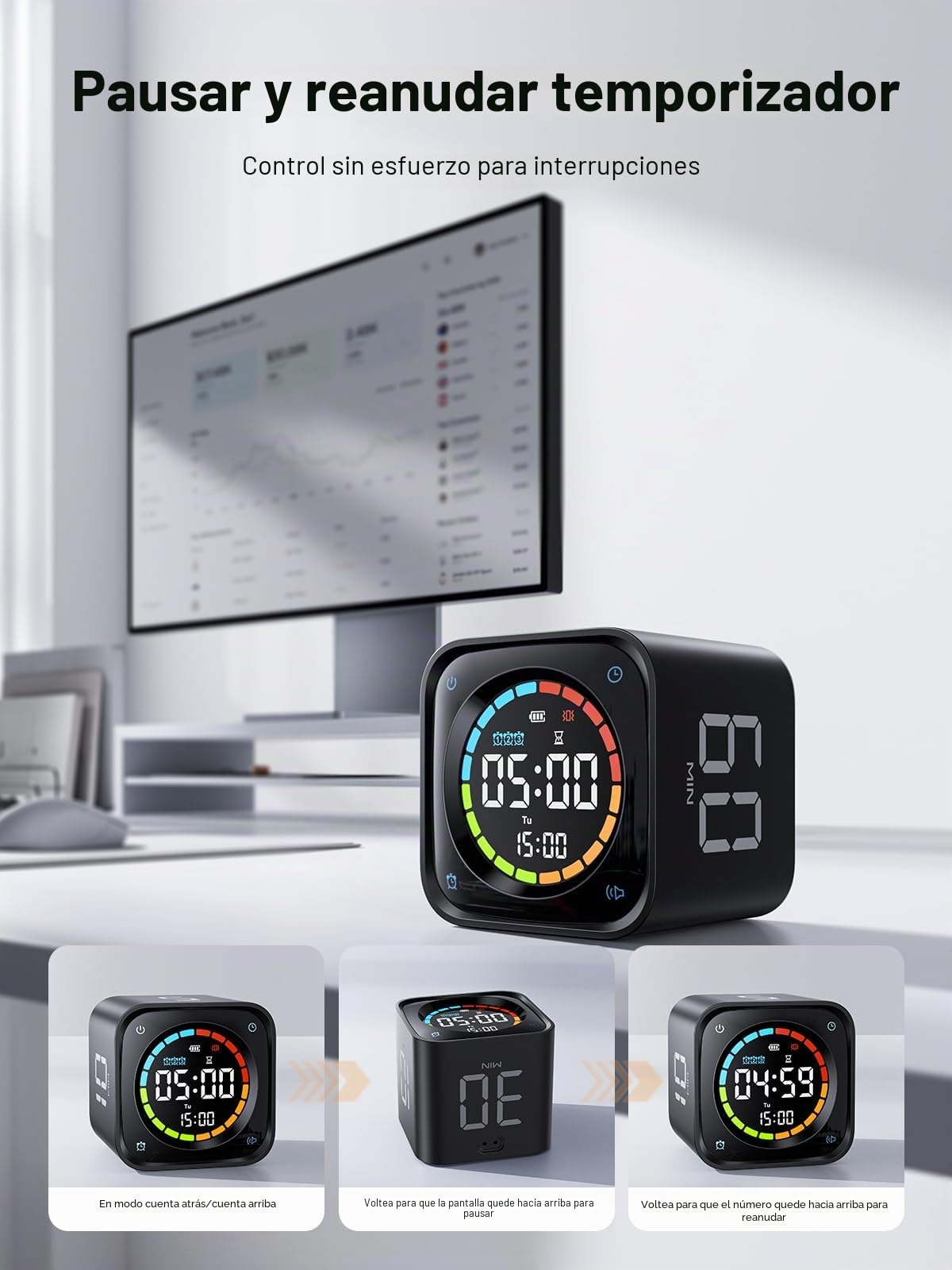 Ticktime TK3 Temporizador Pomodoro, Presets 5/10/30/60 Min, Cuenta Regresiva, Cronómetro y Reloj LED, 3 Alarma, Vibración/Silencio/Sonido, Recargable, para TDAH Oficina Estudios Tareas, Negro