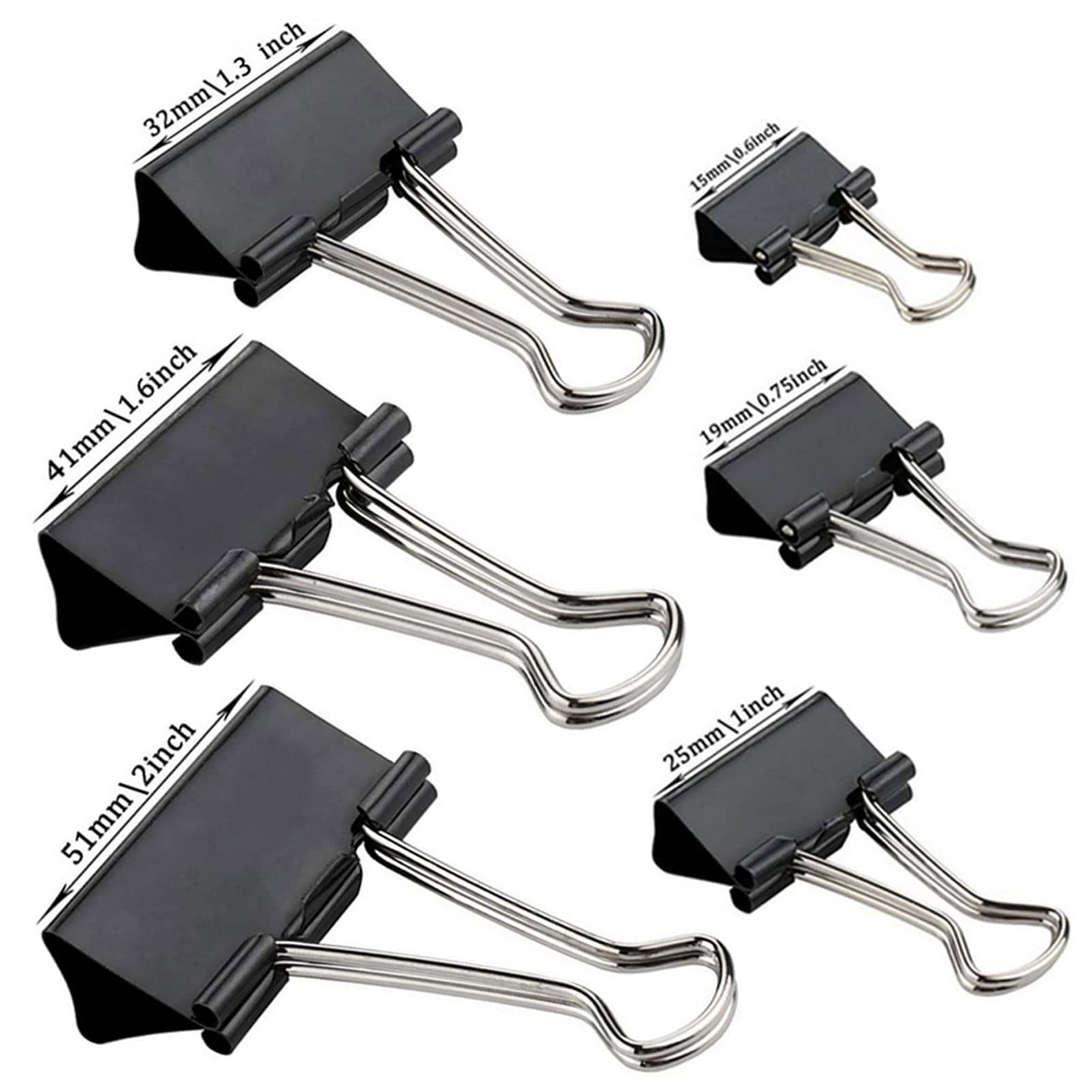 Clips para carpetas, paquete de 300 unidades, varios tamaños (negro), jumbo, grande, mediano, pequeño, mini y micro, 6 tamaños para oficina, escuela y hogar