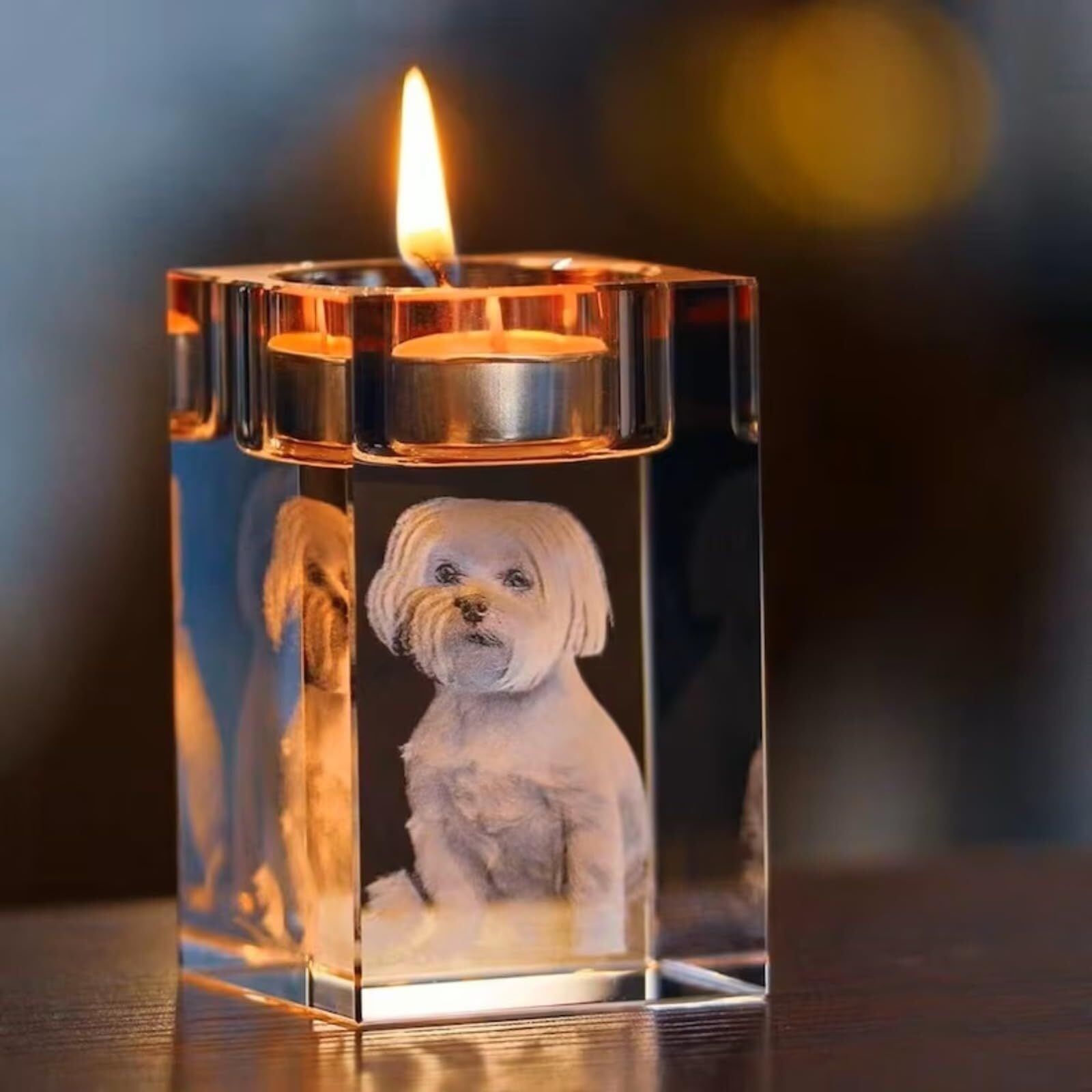 Pet Memorial Crystal Candle Holder, Custom 3D Pet Portrait, 3D Engraved Crystal Photo, Dog Memorial Gifts For Loss Of Dog, Cat,Bunny, Dog Memorial Gift Pet Loss Gift Pet Sympathy Gift(12cm)