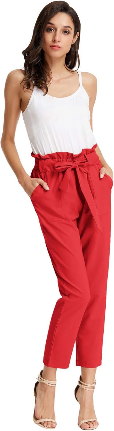GRACE KARIN Women's Cropped Paper Bag Waist Pants with Pockets Small Red