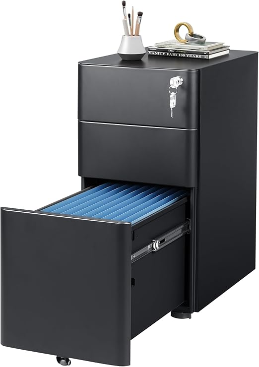 DEVAISE 3-Drawer Slim File Cabinet, Vertical Filing Cabinet, Fully Assembled Except Casters, Black