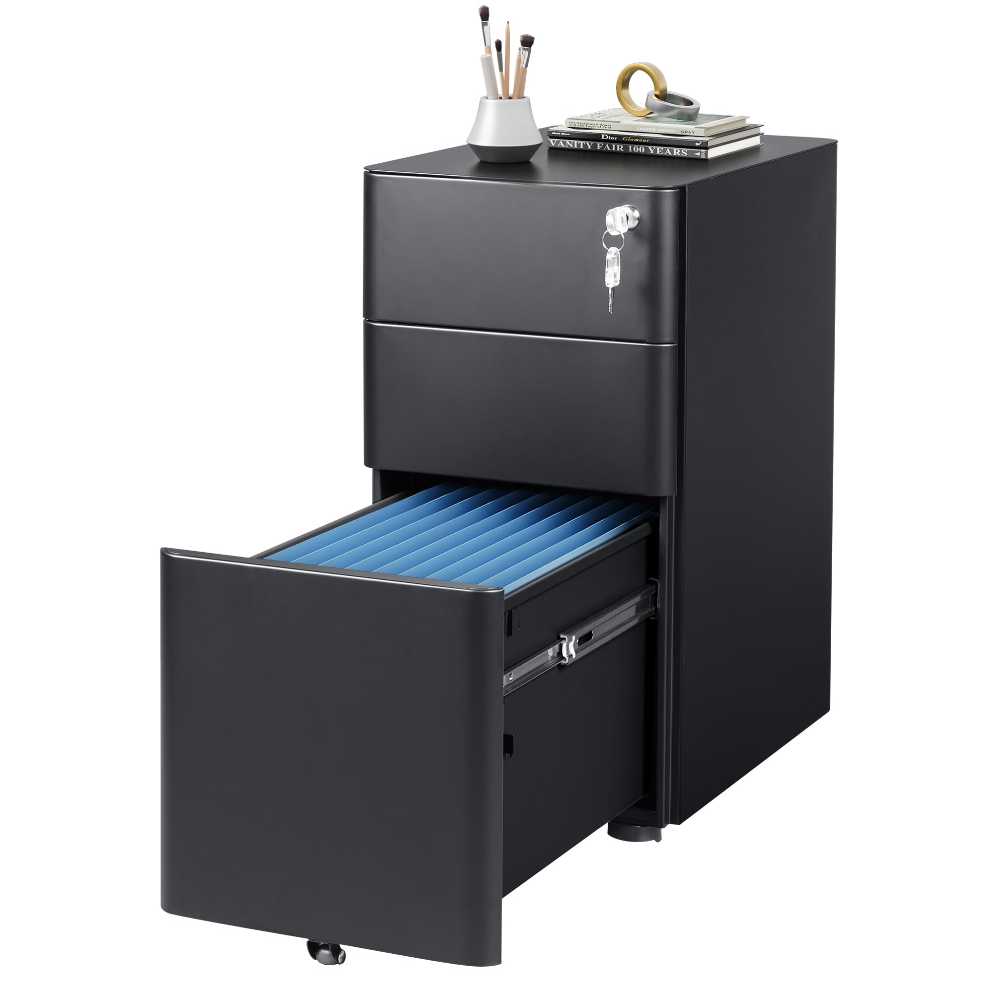 DEVAISE 3-Drawer Slim File Cabinet, Small Mobile Filing Cainet with Lock for Home Office, Fits Letter/Legal/A4 Size, 11.8 x 17.7 x 23.2 Inches (