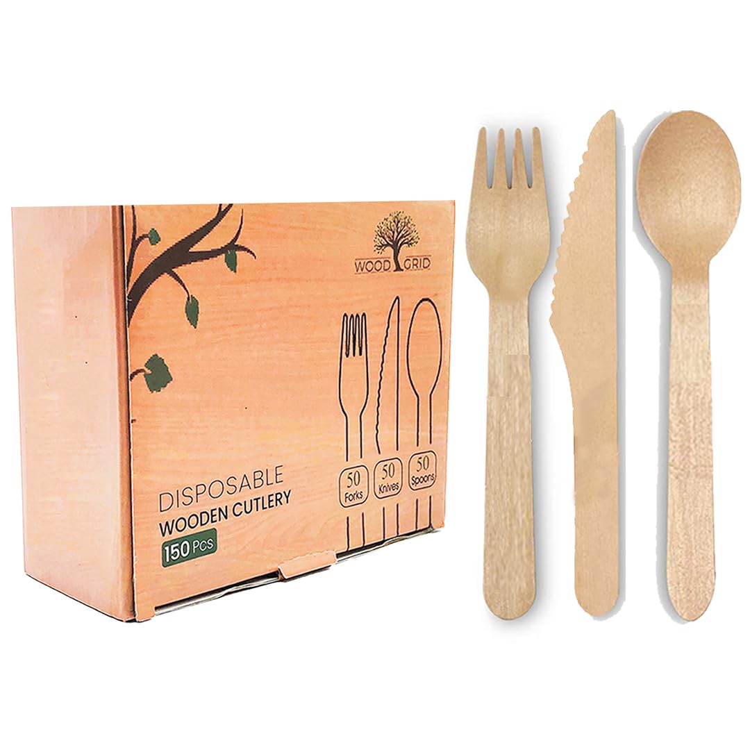 Woodgrid 150pcs Disposable Cutlery Set - 6.29 inches 50x Wooden Spoons, 50x Wooden Forks & 50x Wooden Knives Reusable, & Biodegradable Travel Cutlery Set for Kids, Parties, Camping, Weddings & Picnic