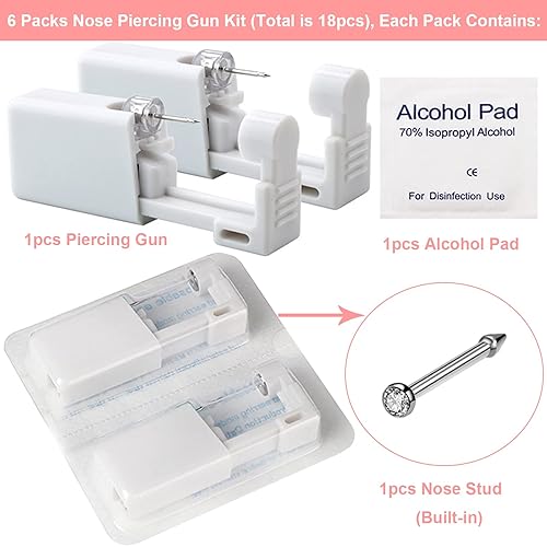 Miniatura 9 de Kit de pistola de perforación de nariz, kit de perforación de nariz desechable con pernos de nariz integrados y herramientas limpias para cartílago