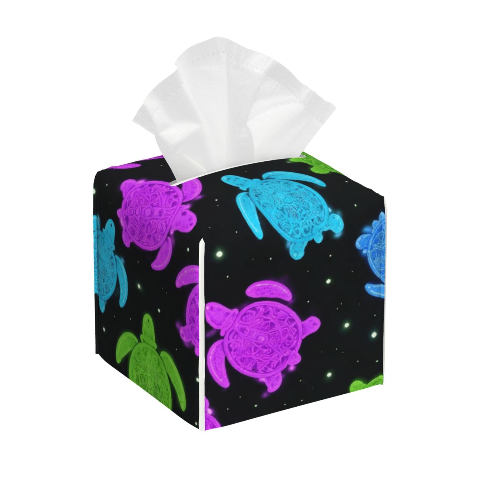 Neon Sea Turtles Leather Tissue Box Cover Holder Square Facial Paper Organizer 5.2" X 5.2" X 5.2"