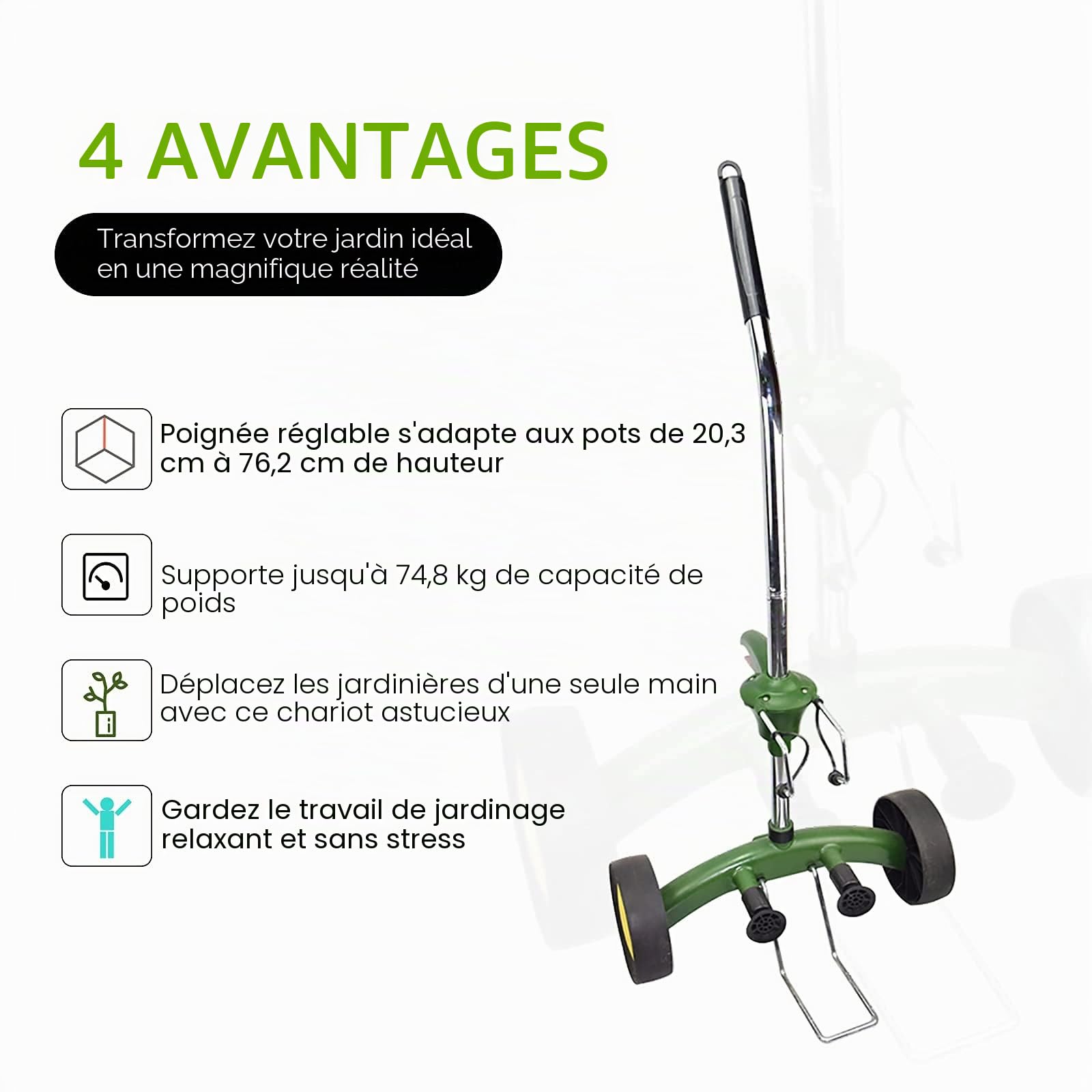 Déménageur de pot de jardin avec poignée réglable – Chariot robuste avec roues robustes sans plat et ventouses antidérapantes, capacité de poids maximale de 75 kg