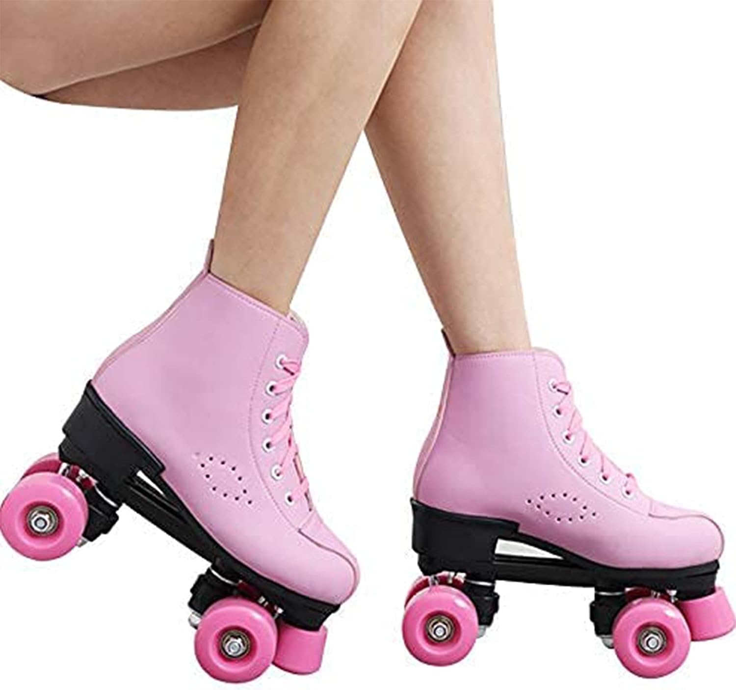 Pink Roller Skates Women Quad Kick Roller Skates, PU Leather Vamp, PU Wheels, Double Row 4 Roller Skates Shoes for Adult Women Girls