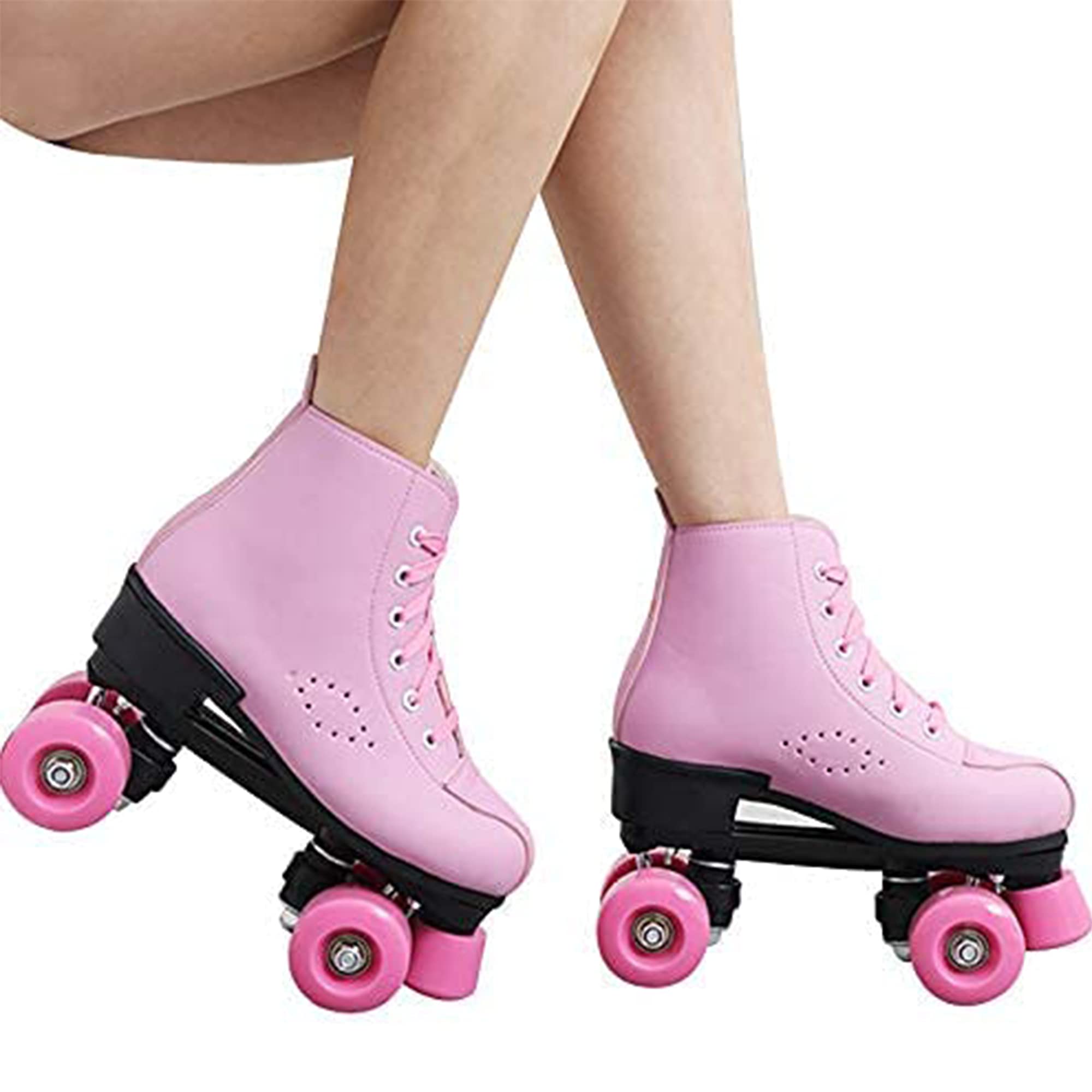 Pink Roller Skates Women Quad Kick Roller Skates, PU Leather Vamp, PU Wheels, Double Row 4 Roller Skates Shoes for Adult Women Girls (Women10/Men8.5)