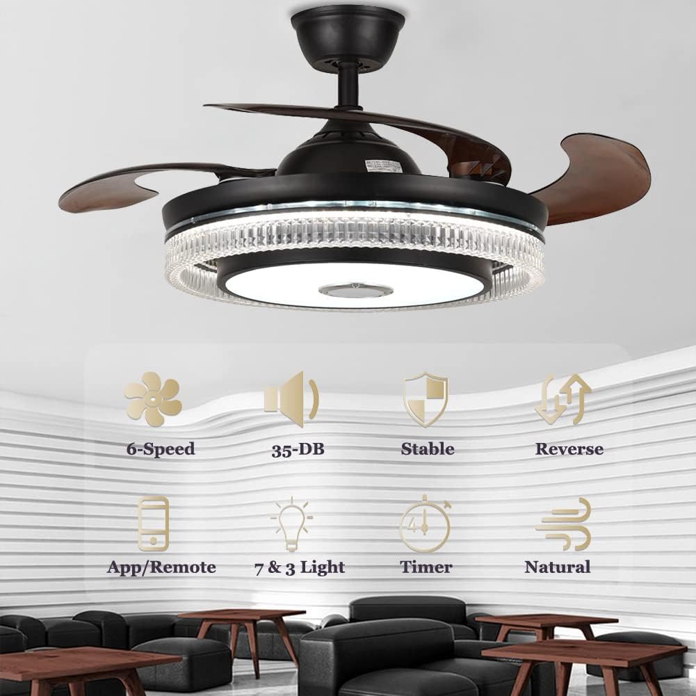 Fandian 42” Smart Ceiling Fan with Lights Bluetooth Speaker Chandelier, Modern Black Fandeliers with APP RGB Dimmable Colors, Reversible 6-Speed Lighting Fixtures for Living Bedroom