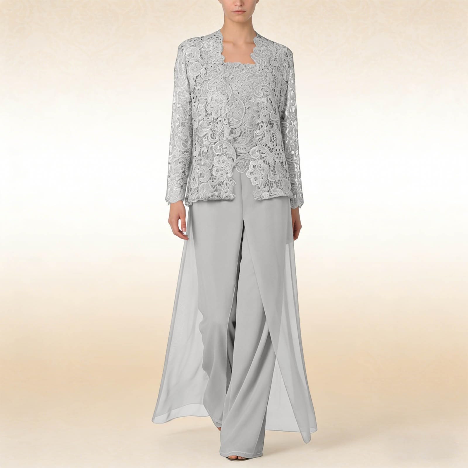 Generisch Combinaison festive pour femme - En mousseline de soie - 3 pièces - Pour mariage - Élégante - Avec veste en dentelle - En coton doux - Avec poches - Combinaison de sport et de loisirs