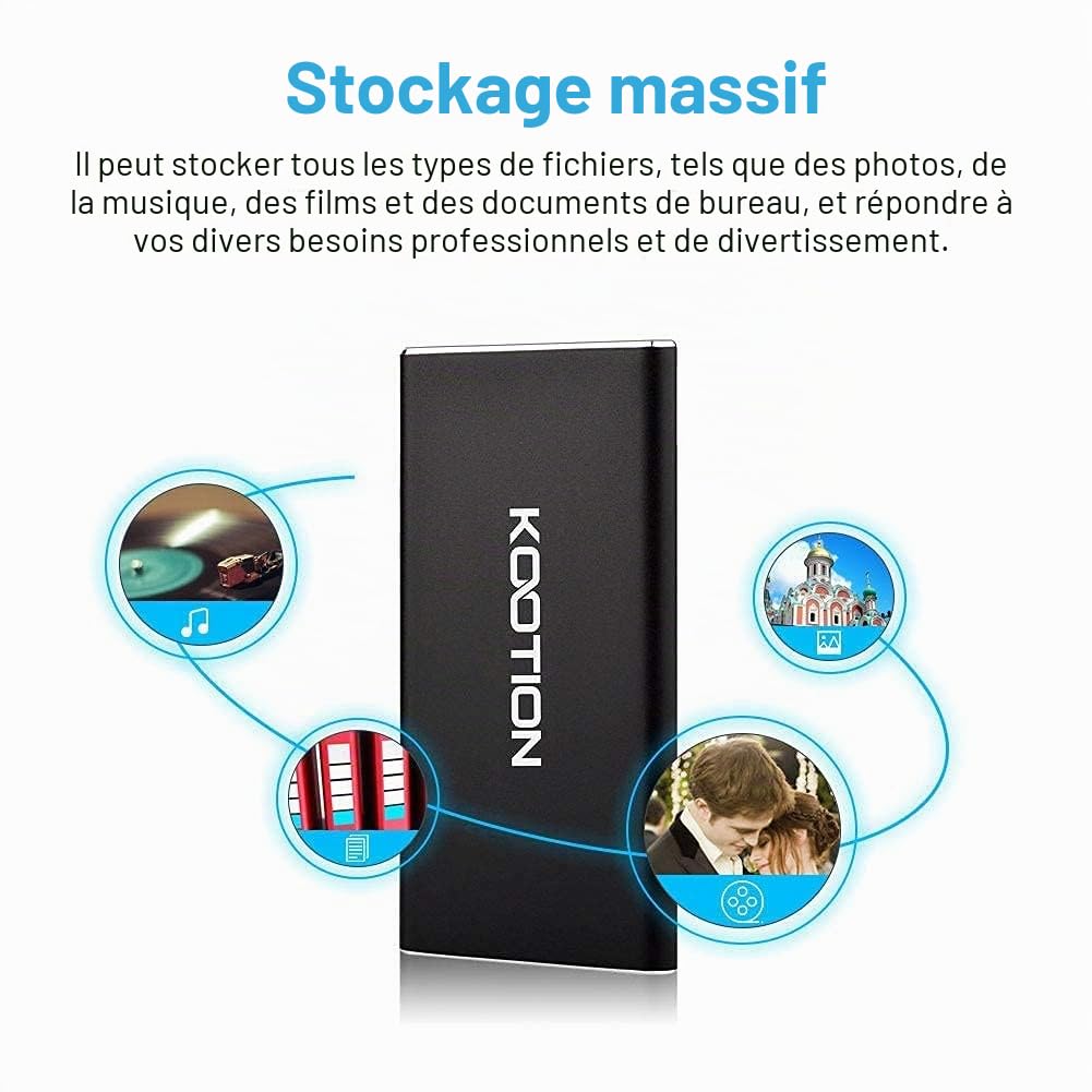 KOOTION Disque Dur Externe 250 Go SSD Ultra Mince Jusqu’à 550 Mo/s en Lecture USB 3.1 USB Type-C Solid State Drive avec 2*câbles Portable pour PC,Desktop,Laptop,Macbook,Smartphone