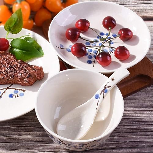 Miniatura 4 de Juego de vajilla de 4 piezas, platos, plato, cuenco, cuchara, juego de vajilla japonesa pintada a mano (ciruela azul)