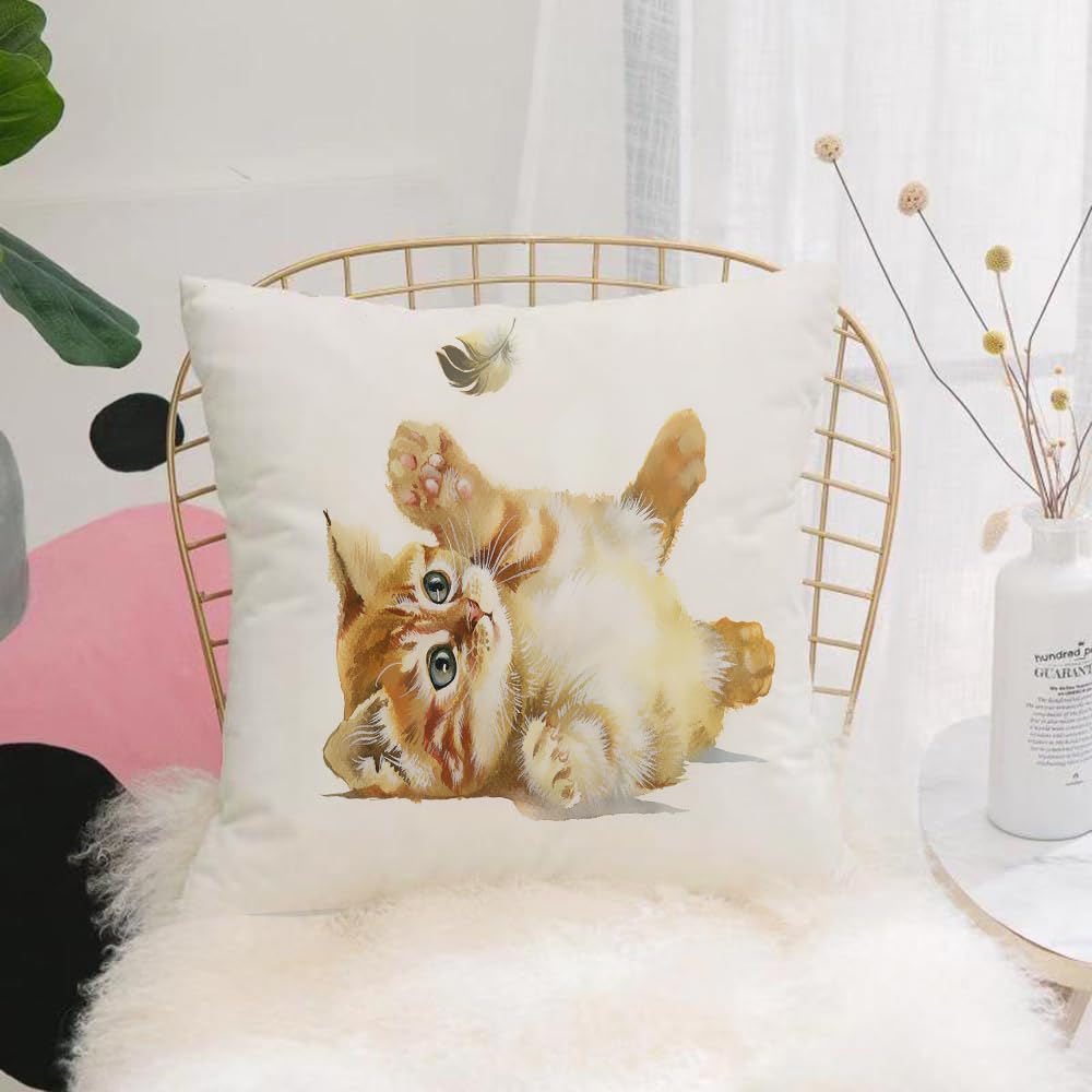 HYOSXW Cushion Cover,Throw Pillow Case Home Decorative for Living Room Bedroom Sofa Chair 16X16 Inch,Animal, cute cat playing with feather in ma-drawn watercolors,Pillowcase 40X40cm