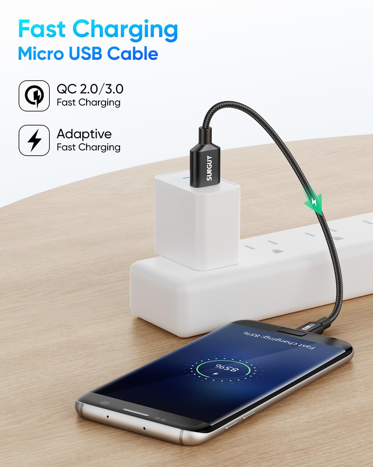 SUNGUY Cavo micro USB da 0,15m, 3 pezzi corto intrecciato USB 2.0 Micro Android, ricarica rapida e sincronizzazione dati, compatibile con Galaxy S6 S7 Edge Note 5, Tab 4, PS4, Kindle e altri (Nero)