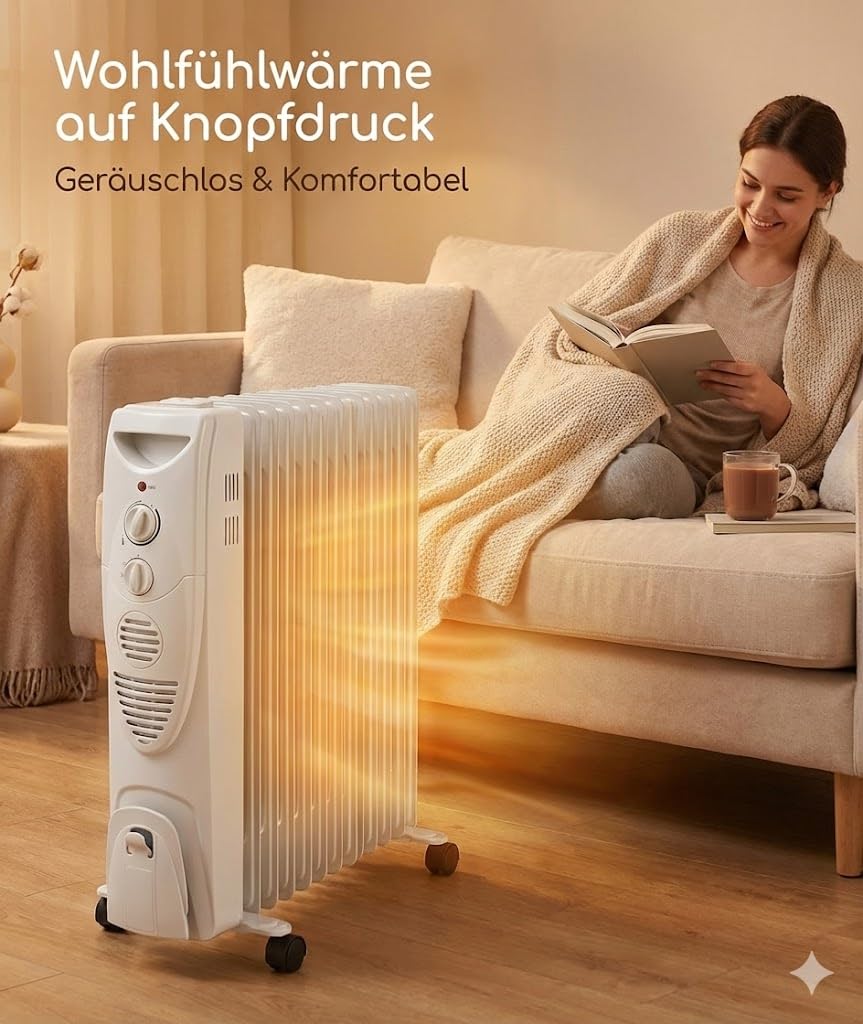 Ölradiator 2000W / 2500W | Mobiler Heizkörper mit Thermostat & 3 Heizstufen | Energiesparender Radiator auf Rollen | Überhitzungsschutz & Kontrollleuchte, Weiß (15-gliedrig, 2500, Watt, 230, Volt)