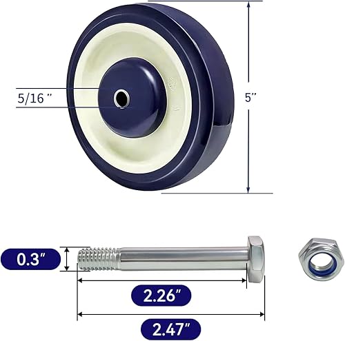 Miniatura 2 de Carrito de compras Rueda de poliuretano de 5 "x 1-14 516" - Capacidad de carga 1400 libras total (paquete de 4 orificios de 516 pulgadas (azul
