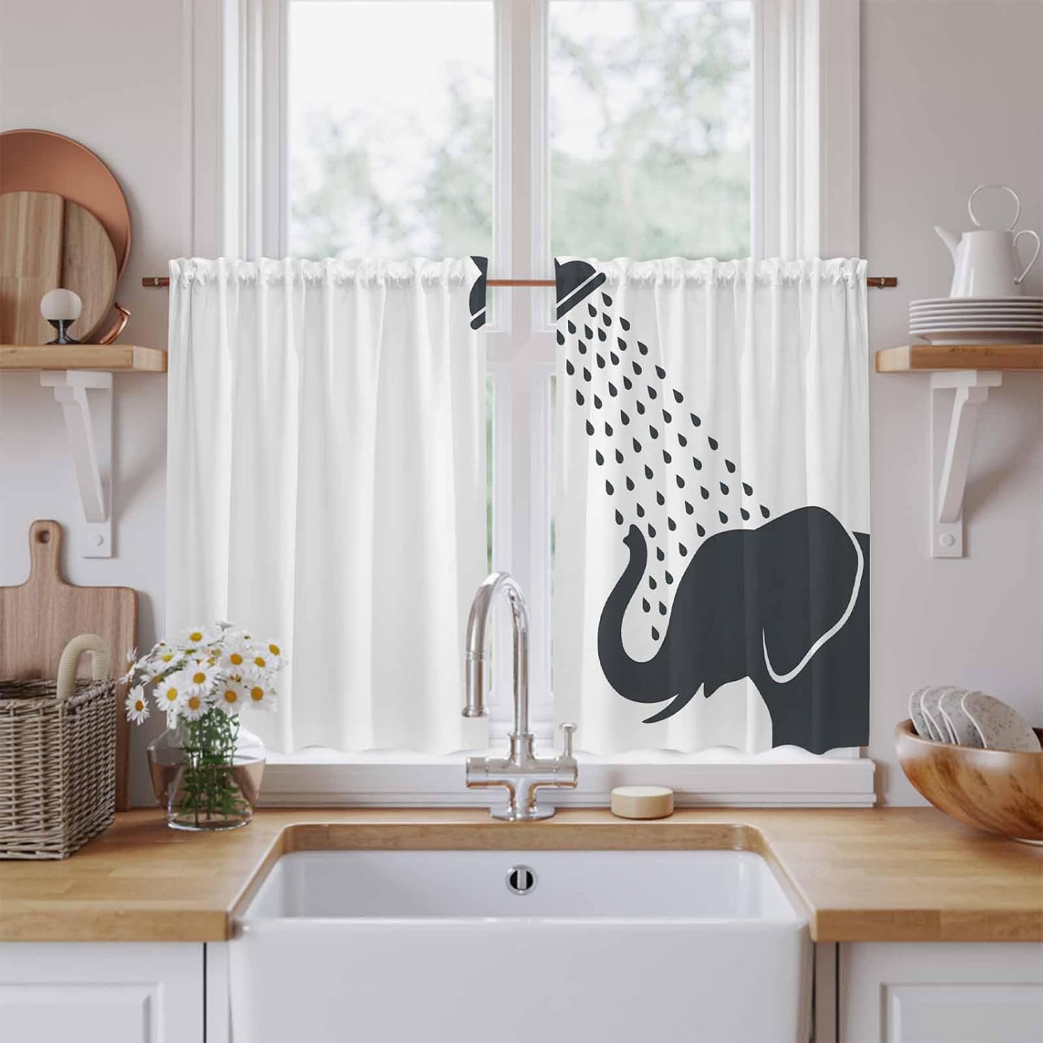 Elephants Showering Kitchen Curtains 45 Inch Long 2 Panel Set, Rod Pocket Window Treatment, Modern Abstract Art Funny Animals Light Filtering Panels Short Drapes for Bathroom Camper 42"W x 45"L