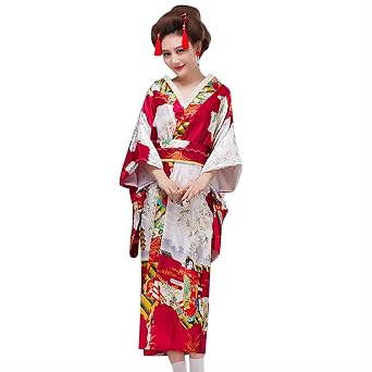 GREUS Womens Japanese Sakura Kimono Robe Silk Satin Kimono Dress Gown Cherry Blossom Long Yukata Kimonos Costume Outfit