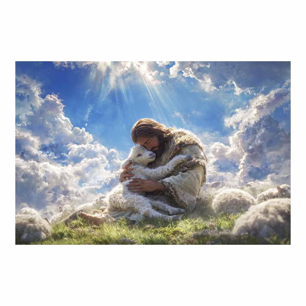 ZAMAEIU Jesus Canvas Wall Art Print Embracing thes lamb God Posters Catholic Artwork Trendy Living Room Home Bathroom Apartment Office Decor(blue)-30x50cm Unframed