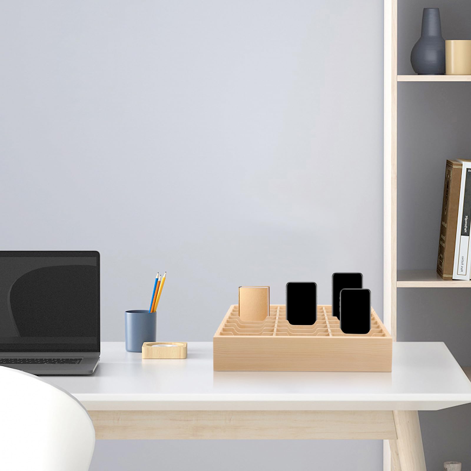 Scatola Portaoggetti in Legno Naturale da Scrivania Scomparti Multipli, Supporto da Tavolo per Telefoni Cellulari e Organizer per Ufficio e Aula, Custodia Portacellulare Stabile
