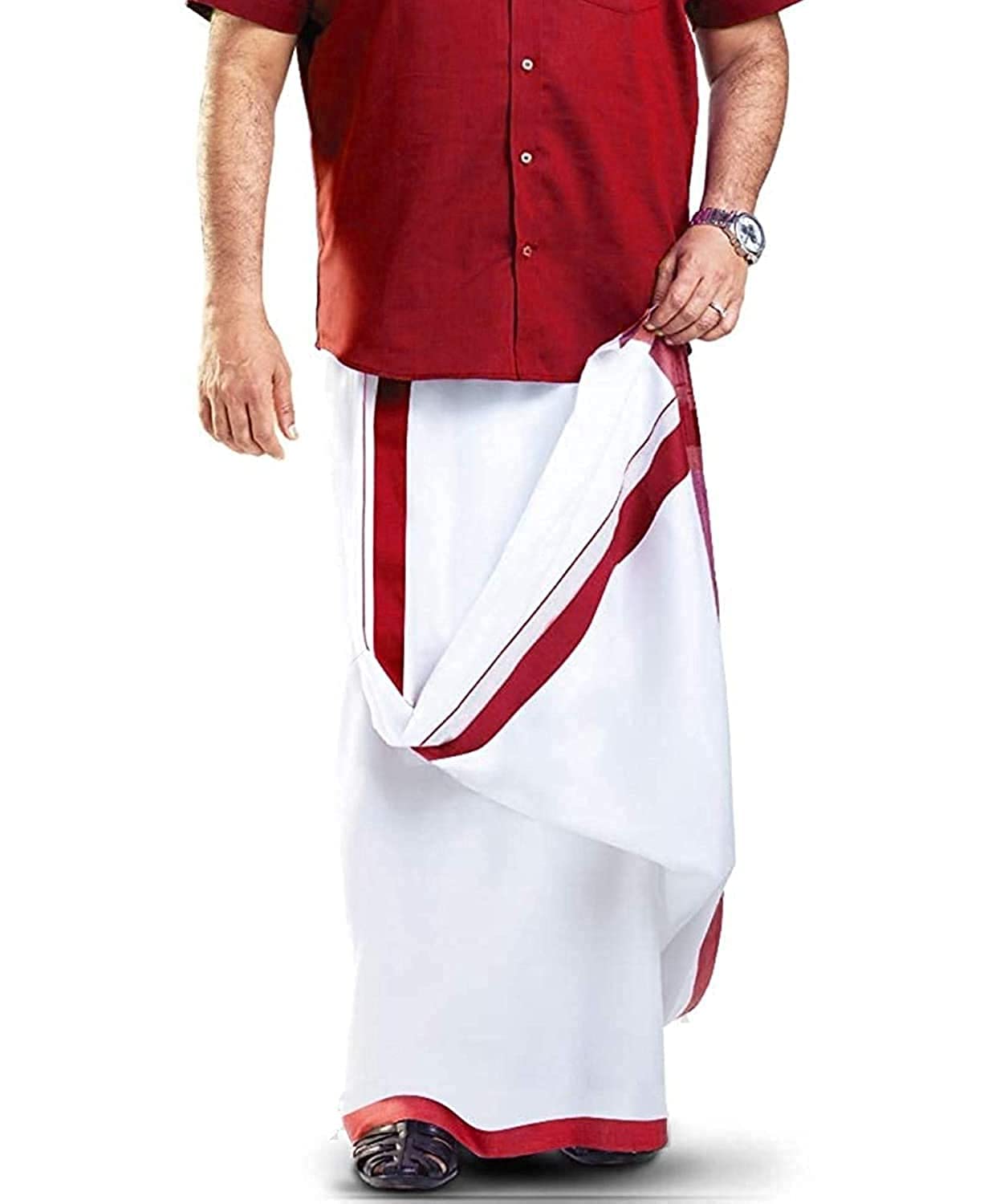 ragini v Men's Pure Cotton Double Dhoti With Colour Border Size 4mm__(White Red)-picture-12
