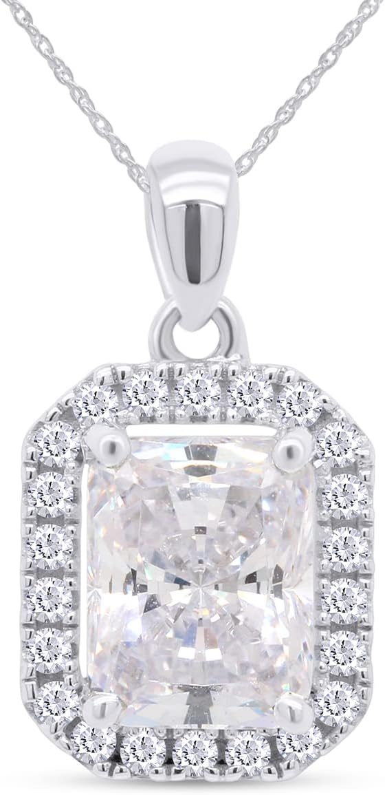 AFFY Dainty Emerald Cut Cubic Zirconia Halo Pendant Necklace in 925 Sterling Silver