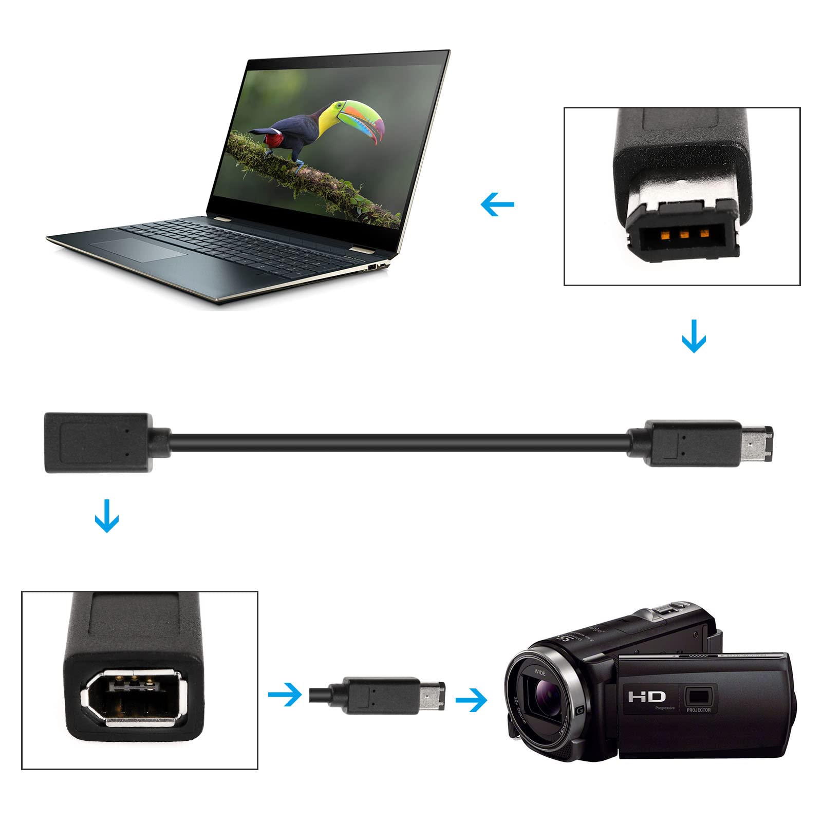 IEEE 1394 6Pin ?e?skie do 1394 6Pin m?skie Firewire 400 do 800 kabel adapter do przesy?ania danych kabel konwertera kompatybilny z MacBook Pro Mac Mini czarny 22cm