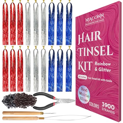 NIACONN Glitter Hair Tinsel Extensions Kit Red & Blue & White with Tools and Beads 48 Inch Sparkly Fairy Colorful Tensile Strands The Fourth of July Shiny Hair Accessories for Women Girls Kids