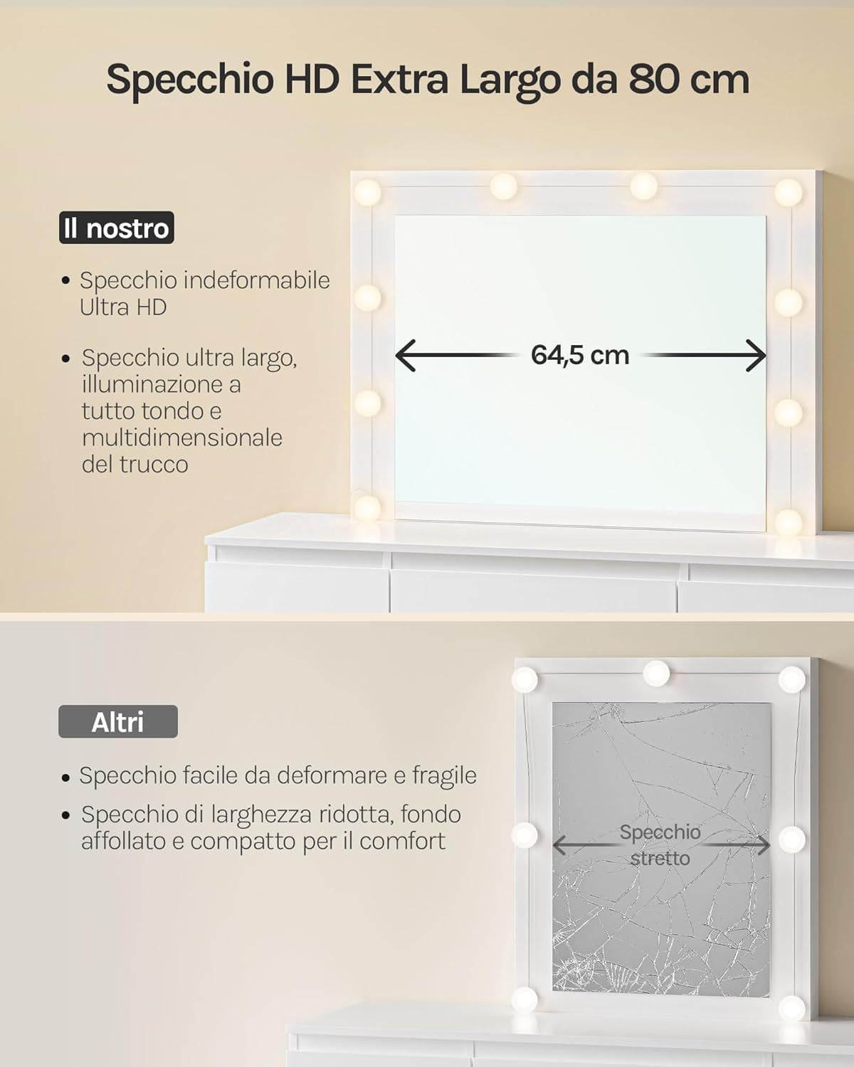 WOLTU Toeletta da Trucco, con Specchio e Luci LED, Luminosità Regolabile, Tavolo da Trucco, con 7 Cassetti, Postazione Make Up, 107x39,5x140,5cm, Cassettiera in Legno, Bianco, MB6099ws