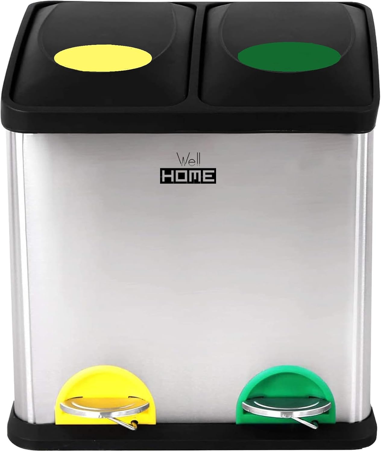 Wellhome Cubo de 2 Compartimentos, Basura/Cubos de Reciclaje, Óptima Capacidad para Papel, Vidrio y Plástico, para Hogar, Oficina, Interior, Exterior, Plateado (Cromado), 16 l [Amazon Exclusive]