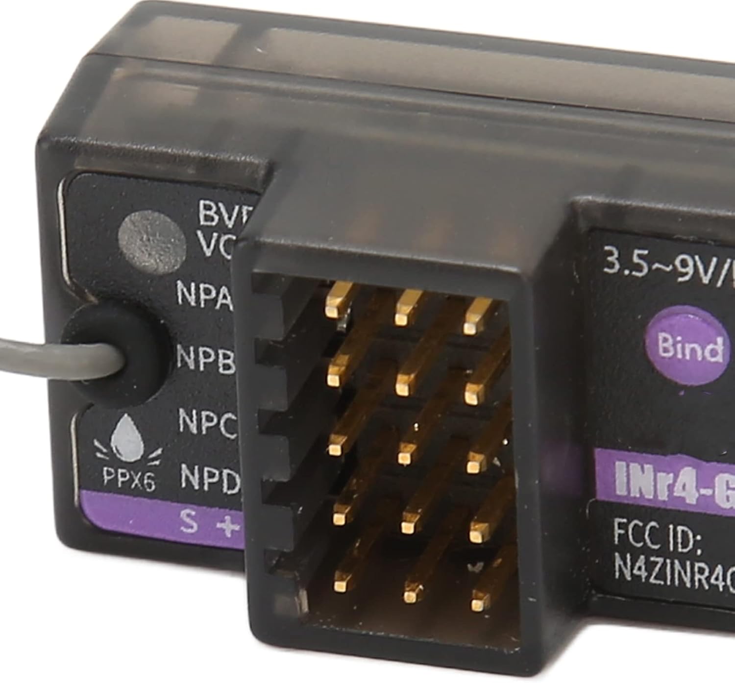 Close-up of Jectse RC Gyro Receiver ports and Bind button