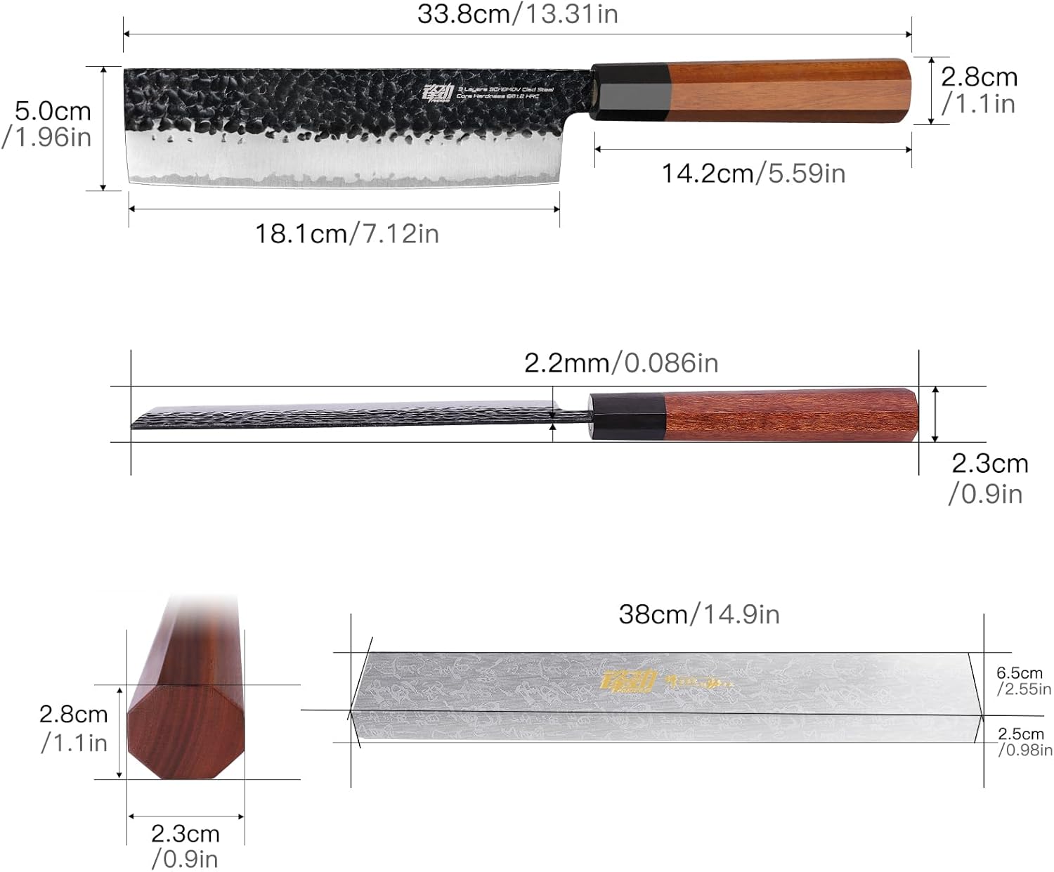 FINDKING Dynasty Series Japanese Nakiri Knife, Professional Vegetable Cleaver, 9Cr18MoV High Carbon Steel Blade, African Rosewood Octagonal Handle, for Shred, Slicing, Mincing, 7 Inches - Image 4