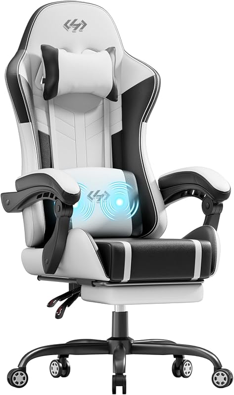 High Back Gaming Chair, USB Massage Lumbar Support, Black&White | PU Leather & Pocket Spring Seat Cushion, Footrest, 90°-135° recline, 330 lb capacity, for adult gaming, work & relaxing