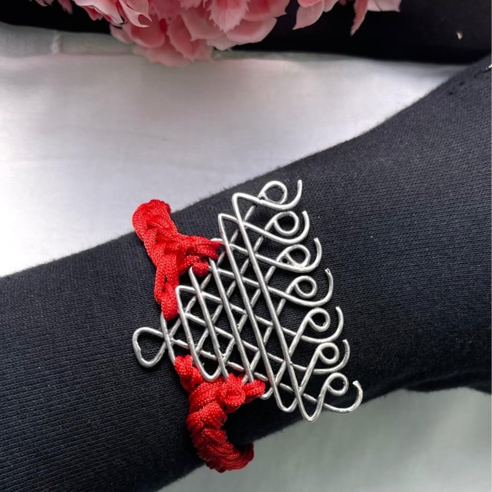 Image of Dulcett India | Saraswati Yantra Bracelet for Men with Red Thread (Big Motif) | Silver Plated Brass| Traditional Ethnic Jewelry for Men & Women |Unisex Rakhi