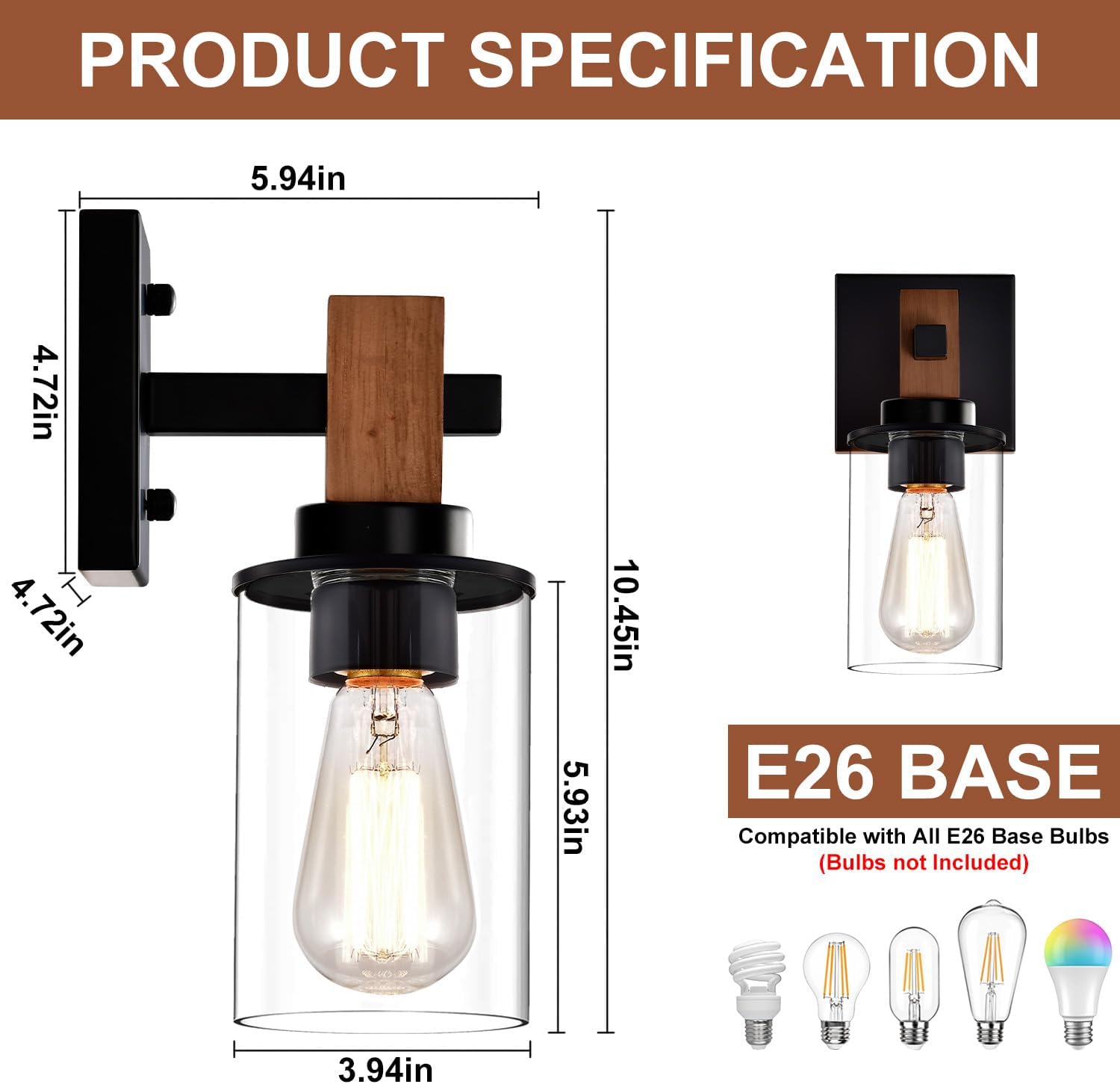 Rustic Wall Sconces, 1-Light Farmhouse Sconce with Clear Glass Cylinder Shade, Matte Black Metal & Wood Wall Light, E26 Indoor Bathroom Vanity Fixture for Mirror, Bedroom, Hallway