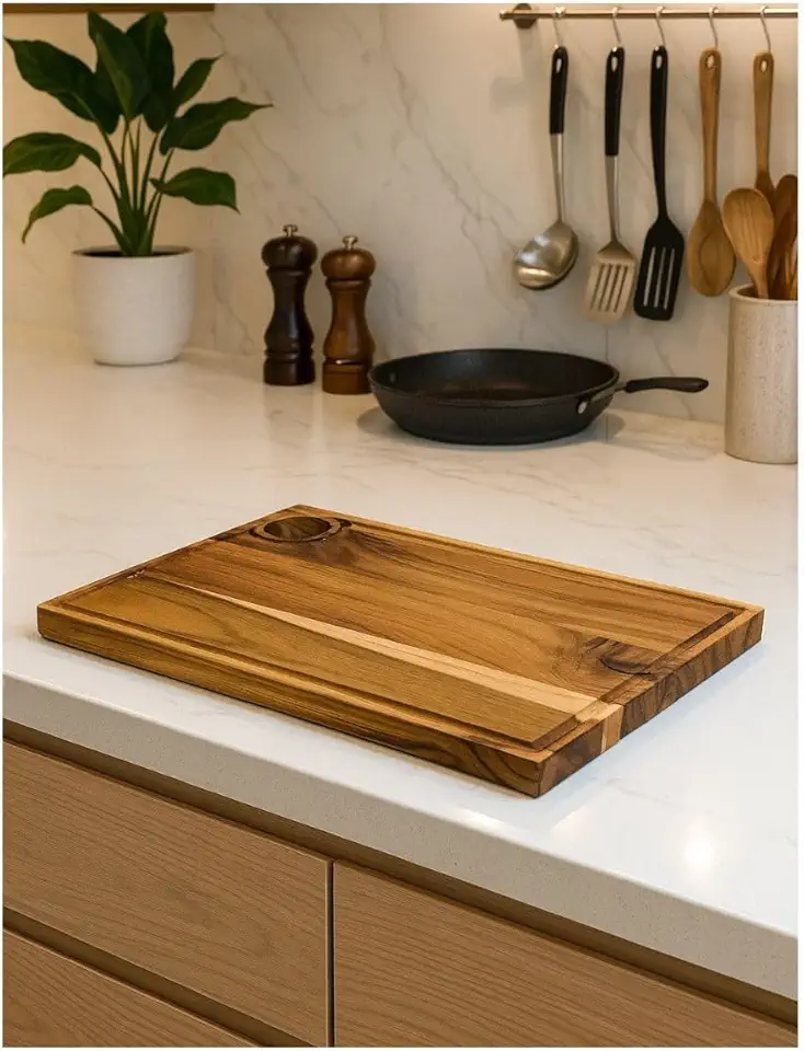 Tábua de Carne Teca Premium Para Churrasco e Cozinha Tábua de Corte Grande com Canaleta Madeira Natural Maciça e Nobre