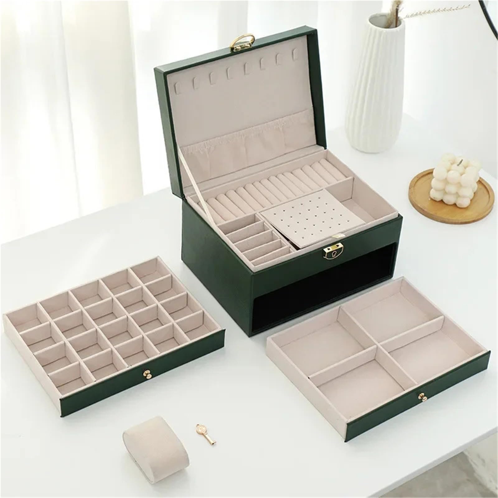 Organizzatore Di Gioielli Da Viaggio Scatola portaoggetti for gioielli in PU a 3 strati, for collane, orecchini, anelli, grande capacità, regalo for donne Per Anelli E Collane