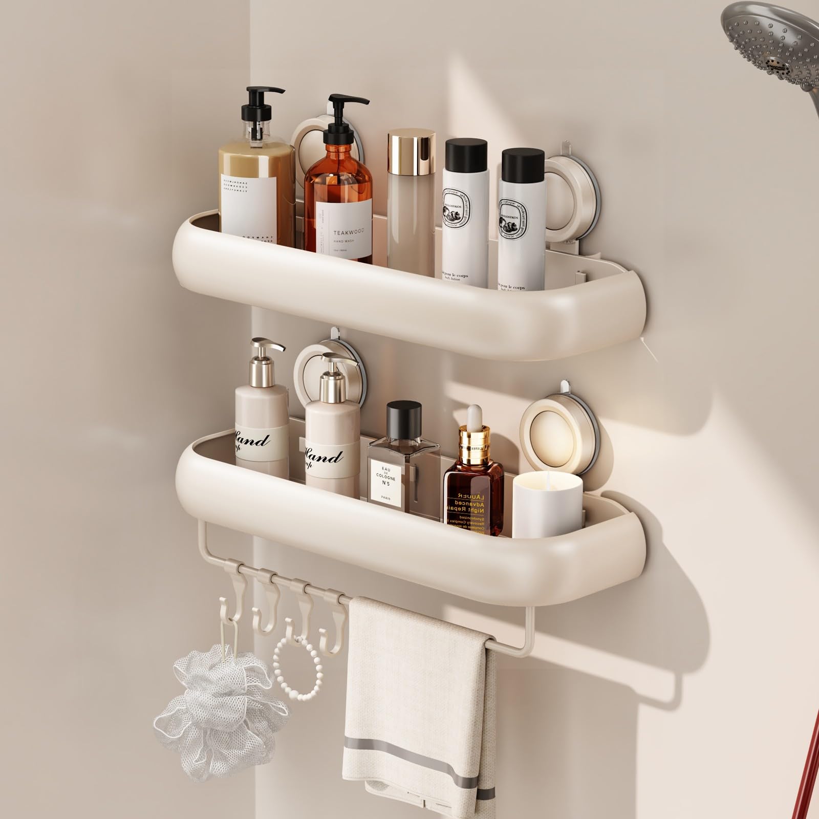 Voldra Shower Caddy Suction Cup, Arc Adhesive Bathroom Shelves Shower Storage Wall Mounted Bathroom Caddy Stick on Shower Organiser Rack With 4 Removable Hooks and Towel Bar(2 Pack, White)
