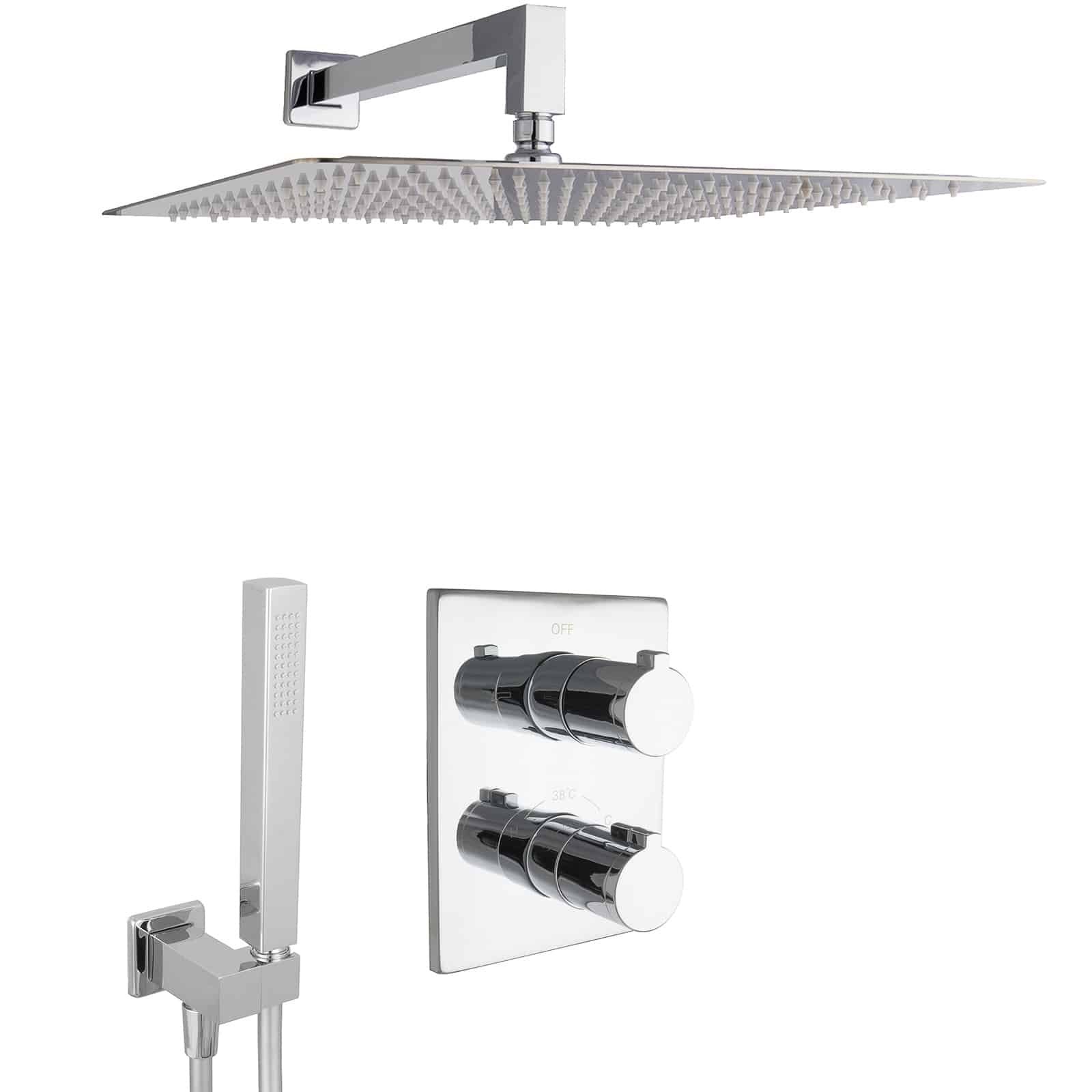 Set de Ducha Termostático con Cabezal de Lluvia 40 cm, Latón Cromado, Ducha de Mano, Brazo de Pared, Montaje en Pared