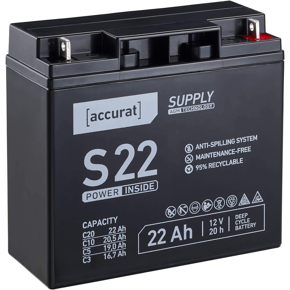 Accurat Supply AGM Solarbatterie S22-12V, 22Ah, 30% mehr Kapazität