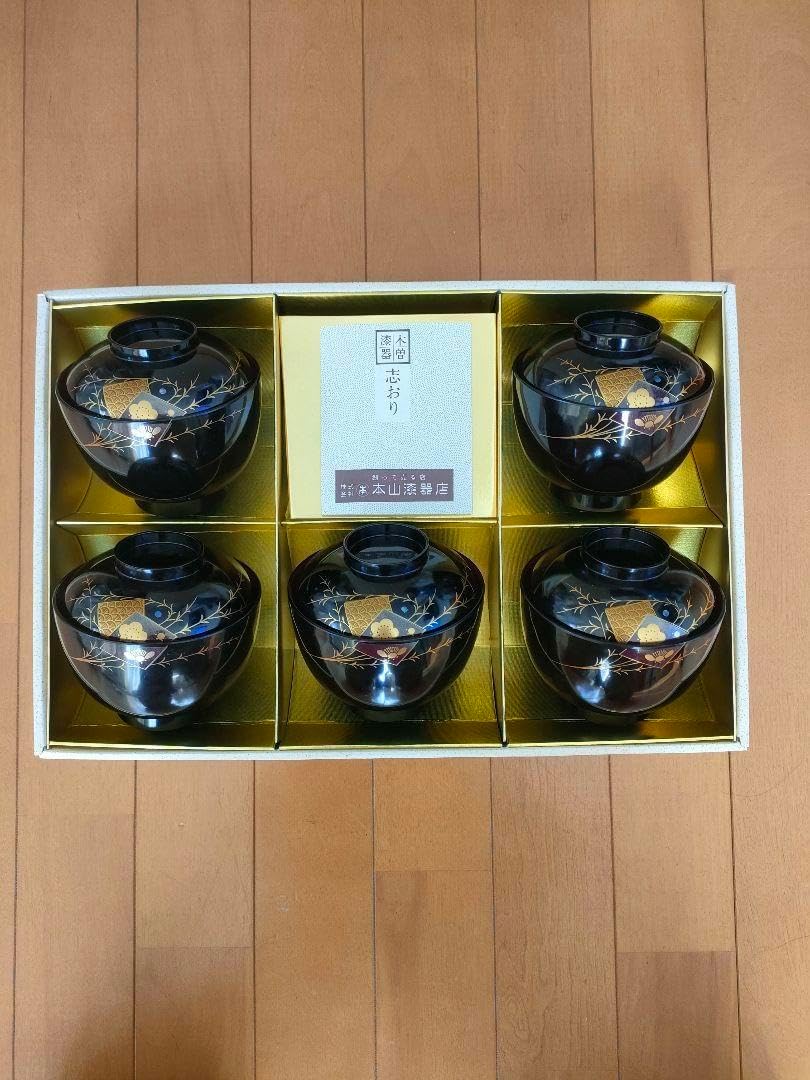 新品 汁椀 御吸物椀 ５個セット 木製 木曽漆器 金箔装飾 木曽 漆器 椀 5個セット 赤色と木目 高級漆器 木曽塗り 天然木 御吸物