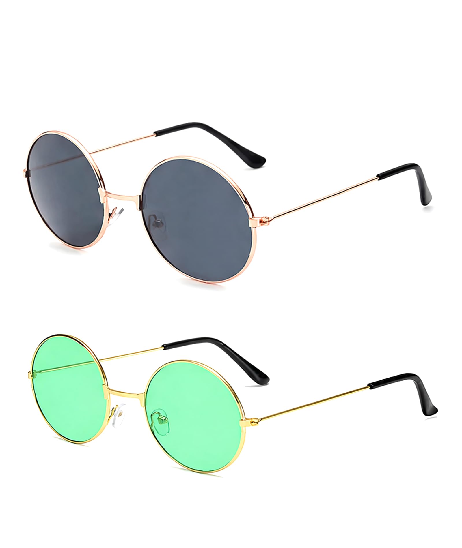 2 Pcs Round Sunglasses, Unisex Eyewear, Classic Round Style Gold Frame Glasses with Green Grey Lens for Men Daily Outdoor Casual Travel Party All Occasion Wear-image-3