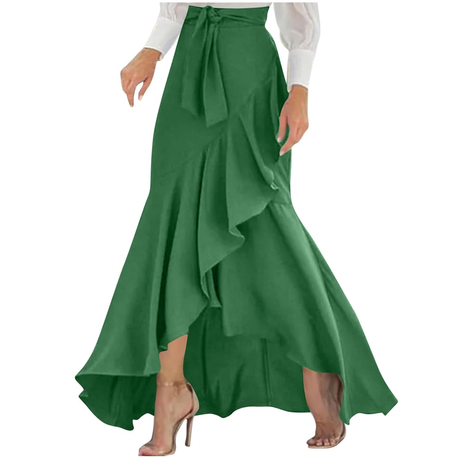 Womens Fall Skirts 2025 Elegant High Waisted Irregular Ruffle Hem Long Maxi Skirt Tie Front Cocktail Wedding Outfits