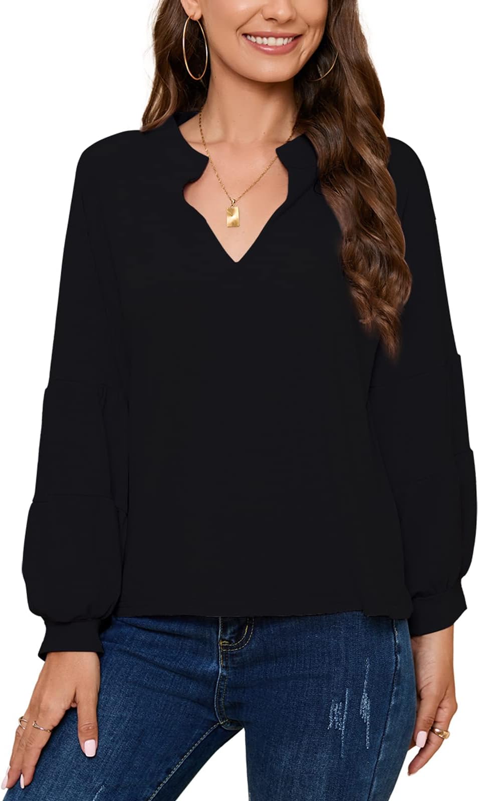 Sanifer Women Casual V-neck T-shirt - Dressy Lantern Sleeve Loose Fit Blouses Tunic Tops